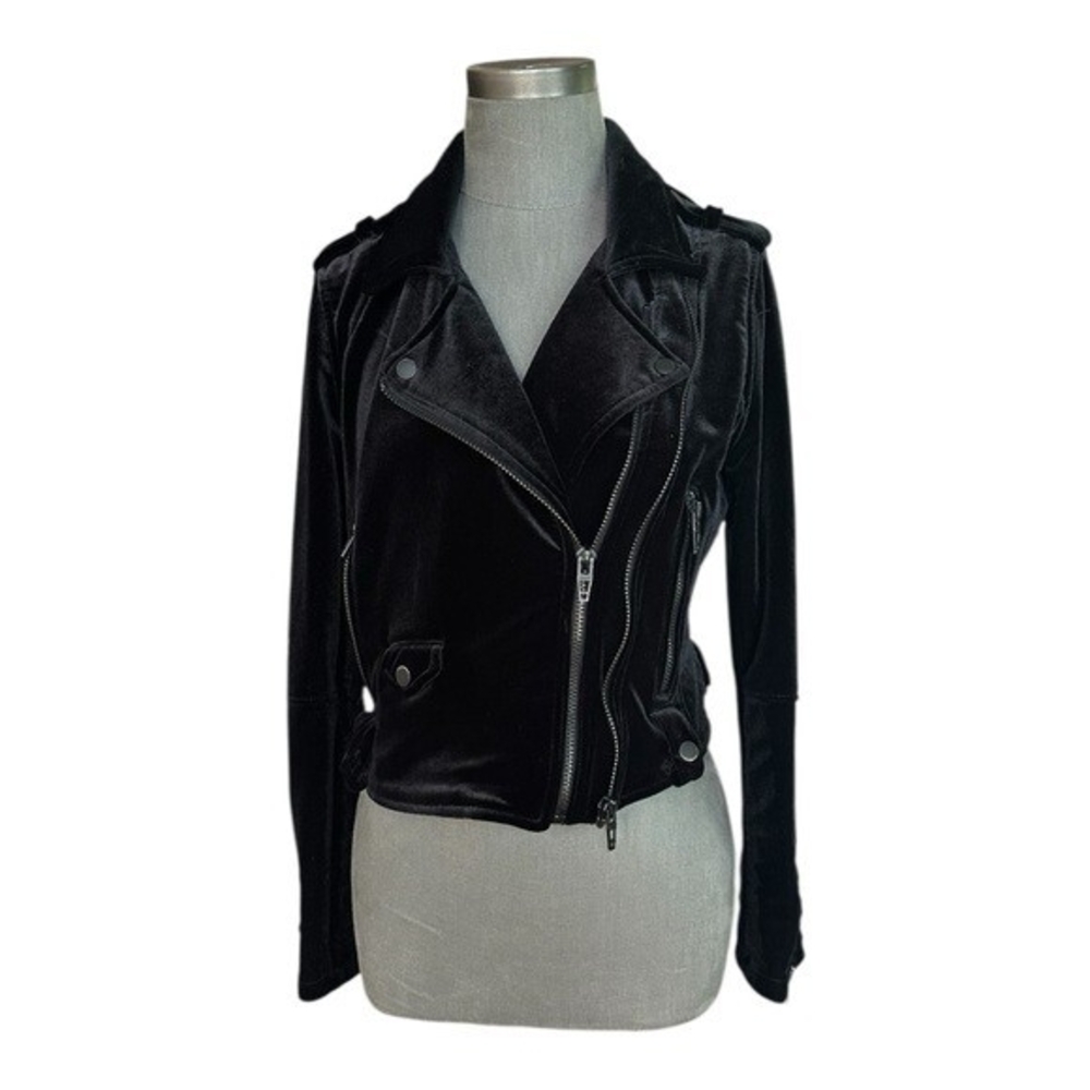 BlankNYC Anthropologie Black Velvet Moto Jacket M Zip Front Biker Crushed - Picture 4 of 11